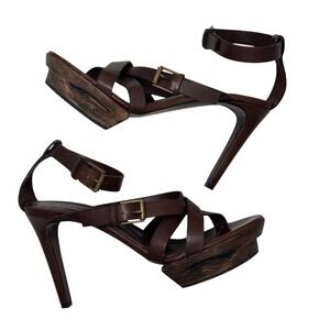 Vintage Jil Sander Carved Wood Platform Heels Brown Leather EU 37 Italy Lk Nw!